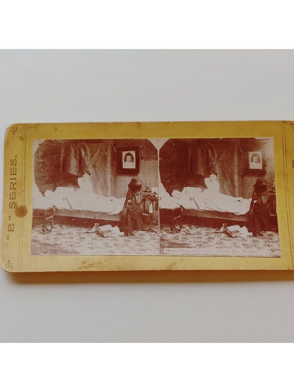 ANTIQUE Stereograph Card Humorous Victorian Scene "Home From the Club, Fears..."